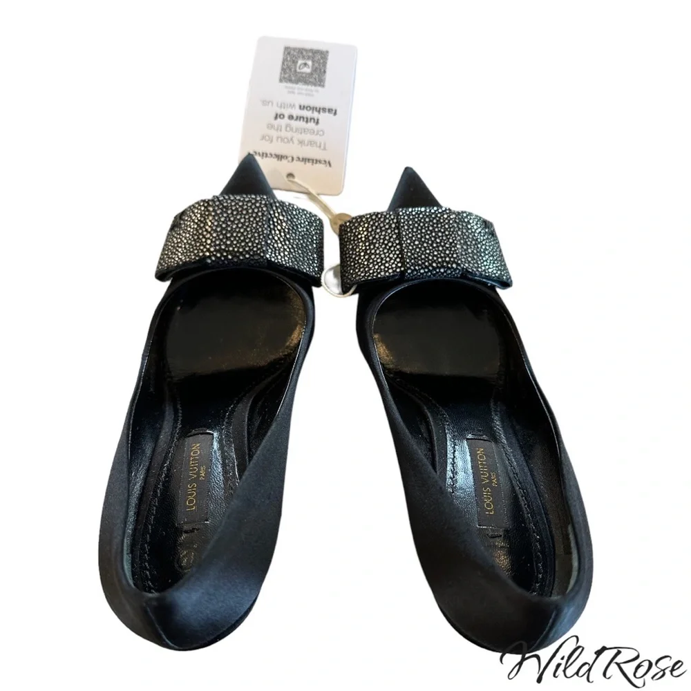 LOUIS VUITTON LIPSTICK PUMPS BLACK SATIN & PEBBLED SILVER LEATHER BOW PUMP 36.5 - Picture 9 of 17